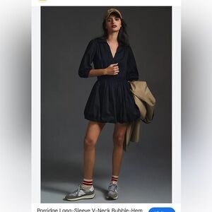 Anthropologie Porridge Long-Sleeve V-Neck Bubble-Hem Mini Dress black medium
